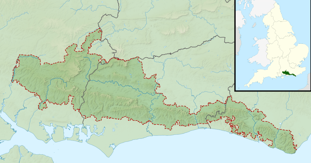 Map of the South Downs National Park, and showing its location in the UK. 